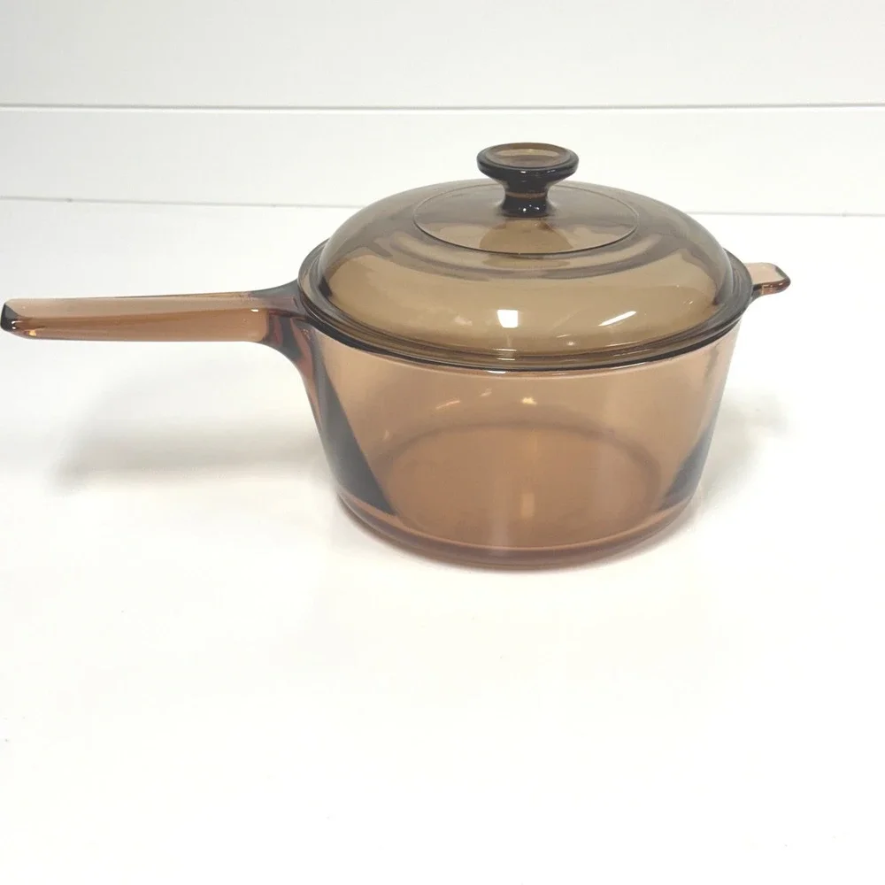 Vintage Vision Corning Amber Glass 2.5L Saucepan with Lid Made in USA